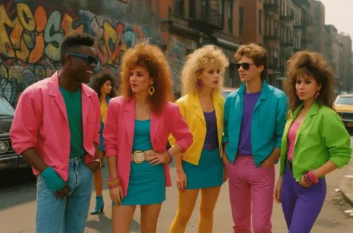 Classic 1980s neon fashion featuring bright colored blazers and big hair styles