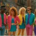 Classic 1980s neon fashion featuring bright colored blazers and big hair styles