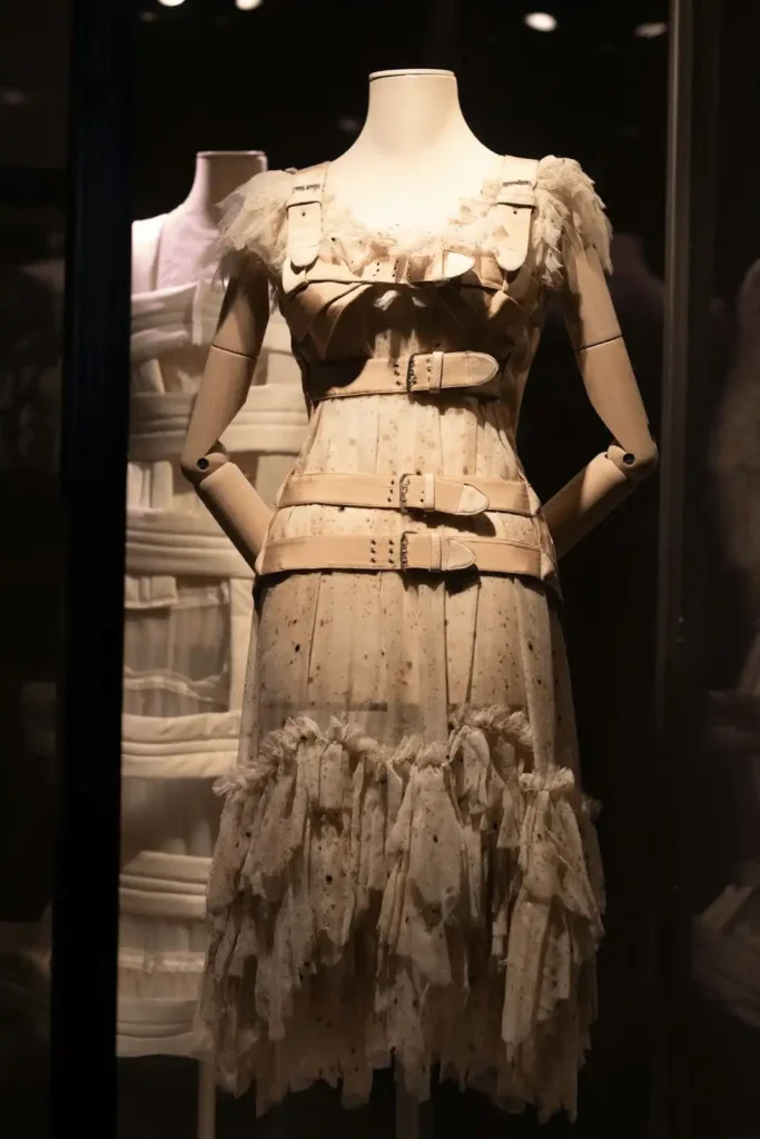 Elegant vintage dress with belts and delicate frills displayed on a mannequin