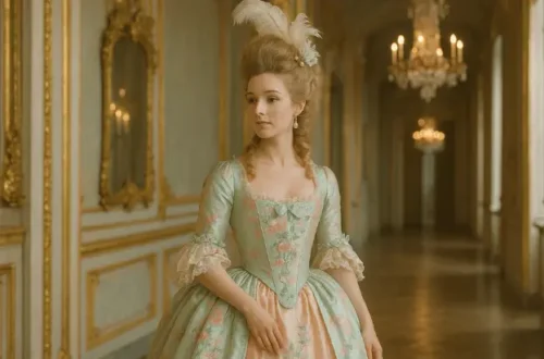 Elegant woman in Rococo gown walking through an opulent palace hallway with chandeliers and gold-framed mirrors
