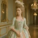 Elegant woman in Rococo gown walking through an opulent palace hallway with chandeliers and gold-framed mirrors