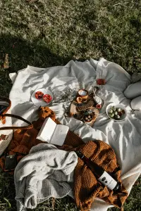 A laid-back outdoor picnic scene with drinks, snacks, and blankets.