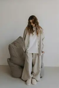 tylish neutral-toned chic aesthetic with a minimalist oversized shirt and pants