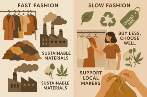 Educational infographic comparing fast fashion environmental impact with slow fashion benefits including sustainable materials, recycling, and supporting local makers Caption: Visual guide contrasting fast fashion's environmental costs with slow fashion's sustainable alternatives.