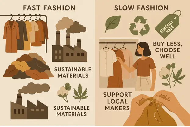 Educational infographic comparing fast fashion environmental impact with slow fashion benefits including sustainable materials, recycling, and supporting local makers Caption: Visual guide contrasting fast fashion's environmental costs with slow fashion's sustainable alternatives.