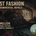 Illustration of fast fashion pollution with smoke, textile waste, and emission data. Caption: Fashion’s dark side revealed in this powerful graphic.