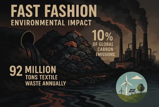 Illustration of fast fashion pollution with smoke, textile waste, and emission data. Caption: Fashion’s dark side revealed in this powerful graphic.